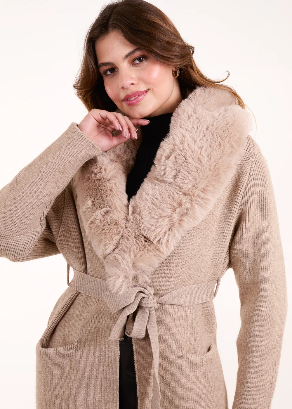 Blue Vanilla Beige Faux Fur Collar Two Pocket Cardigan - Small/Medium Image 3