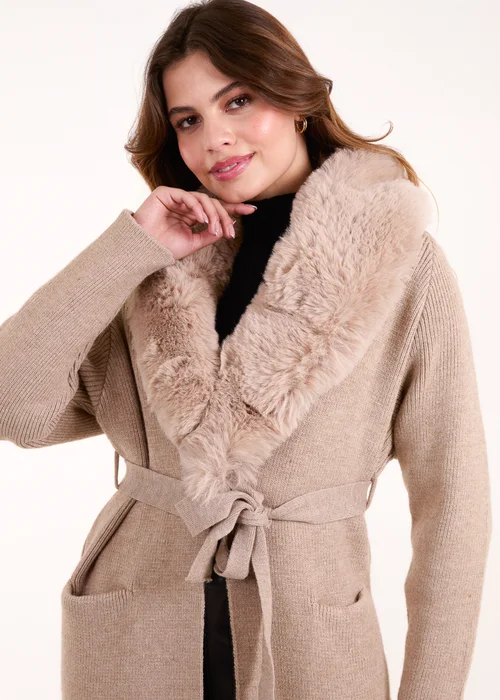 Blue Vanilla Beige Faux Fur Collar Two Pocket Cardigan - Small/Medium Image 3