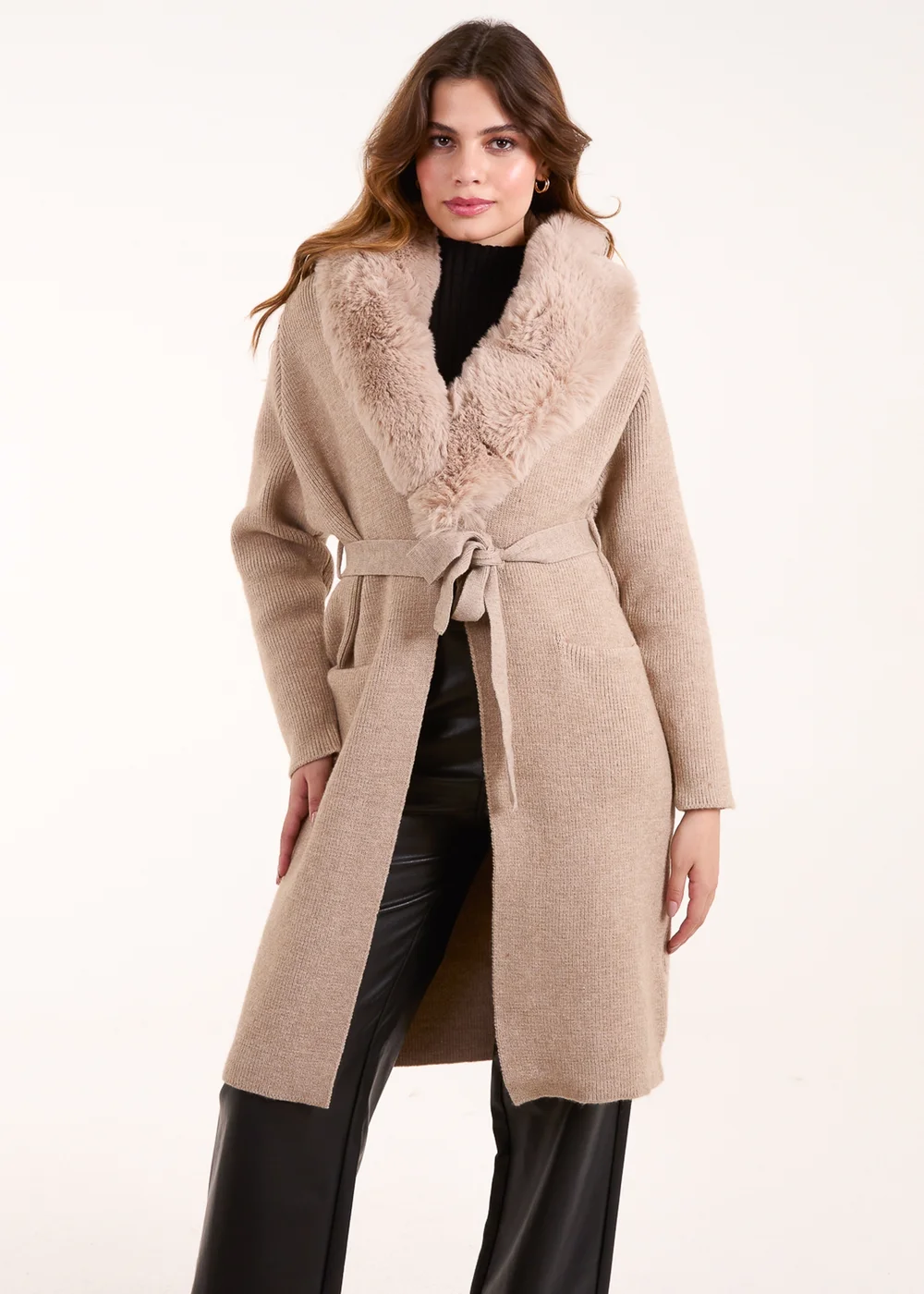Blue Vanilla Beige Faux Fur Collar Two Pocket Cardigan - Small/Medium Image 1
