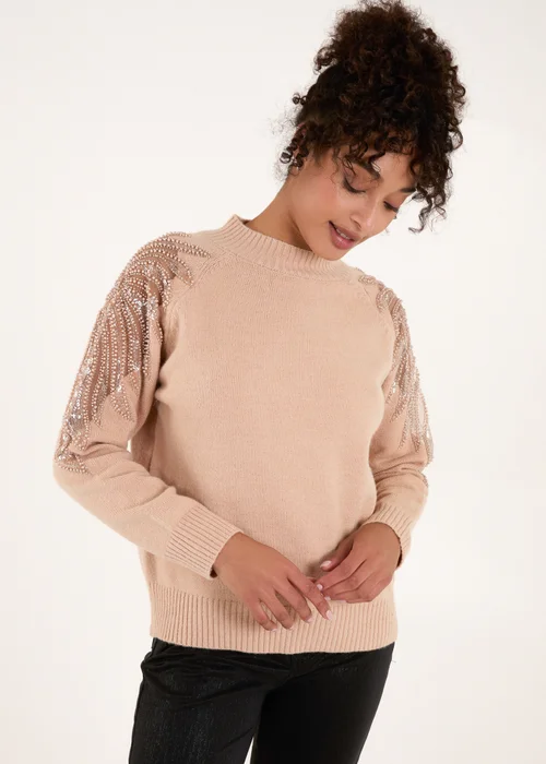Blue Vanilla Taupe Embroidered Shoulder Knit Jumper - S/M Image 1