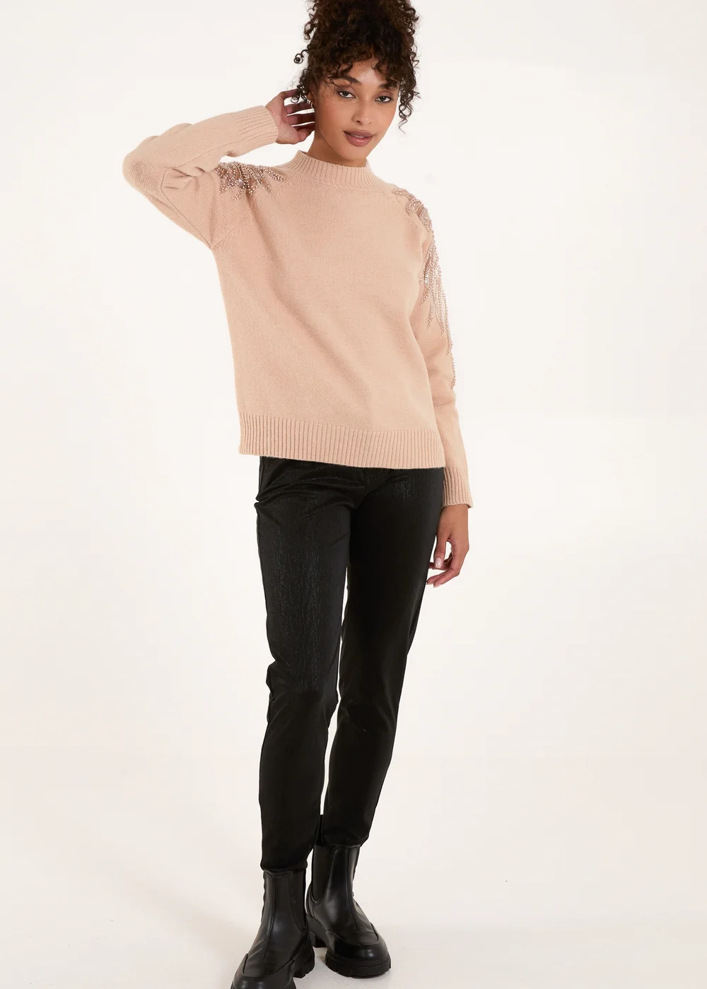 Blue Vanilla Taupe Embroidered Shoulder Knit Jumper - S/M Image 4