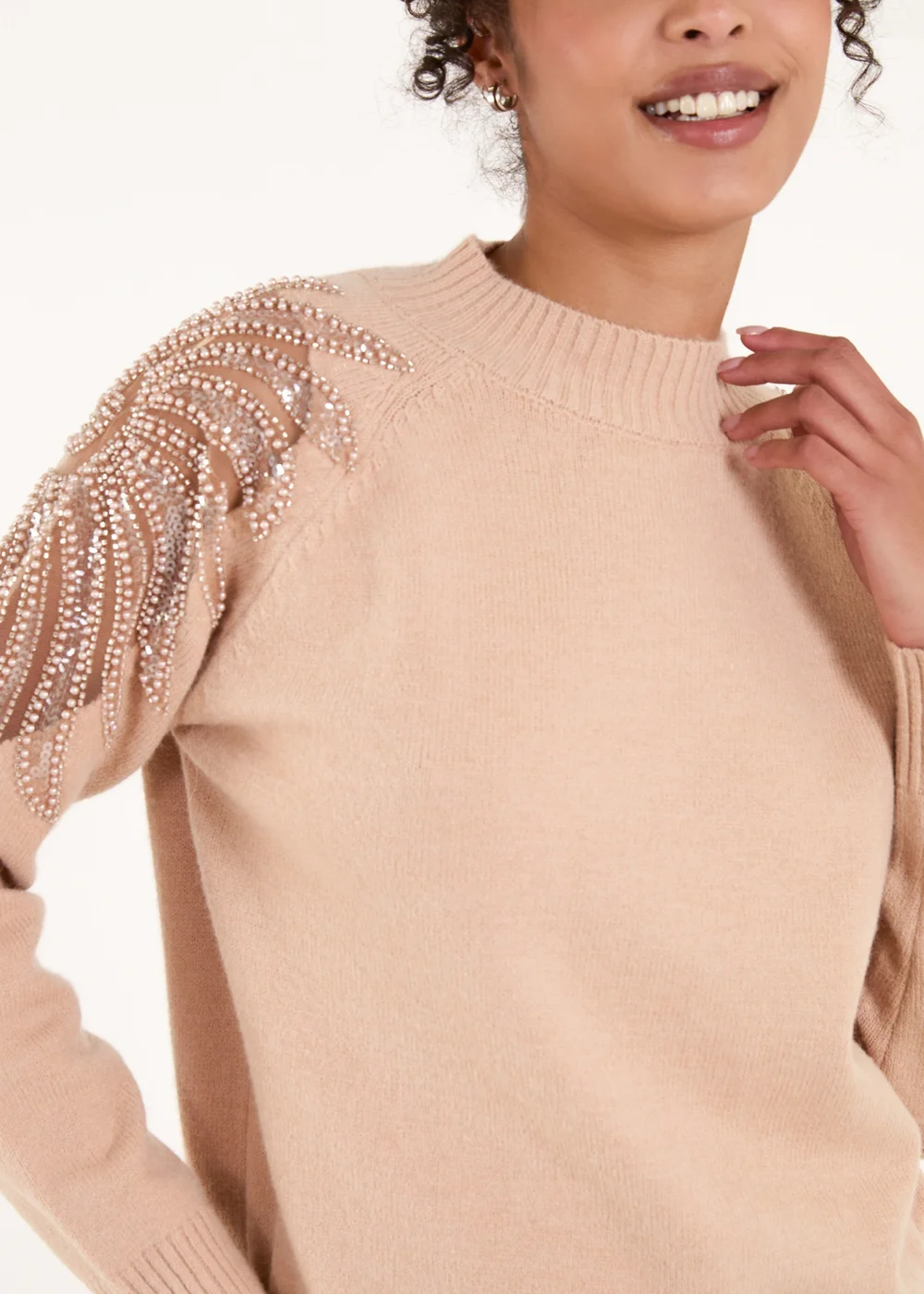 Blue Vanilla Taupe Embroidered Shoulder Knit Jumper - S/M Image 3