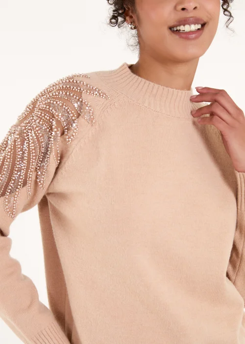 Blue Vanilla Taupe Embroidered Shoulder Knit Jumper - S/M Image 3
