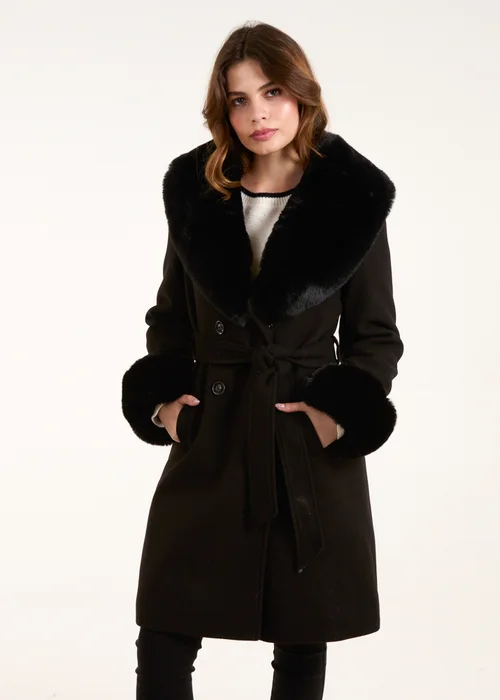 Blue Vanilla Black Faux Fur Belted Coat - Size 8 Image 1