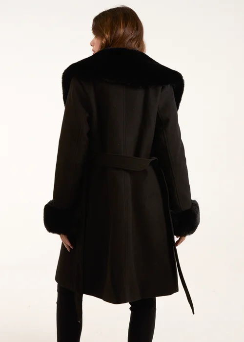 Blue Vanilla Black Faux Fur Belted Coat - Size 8 Image 2