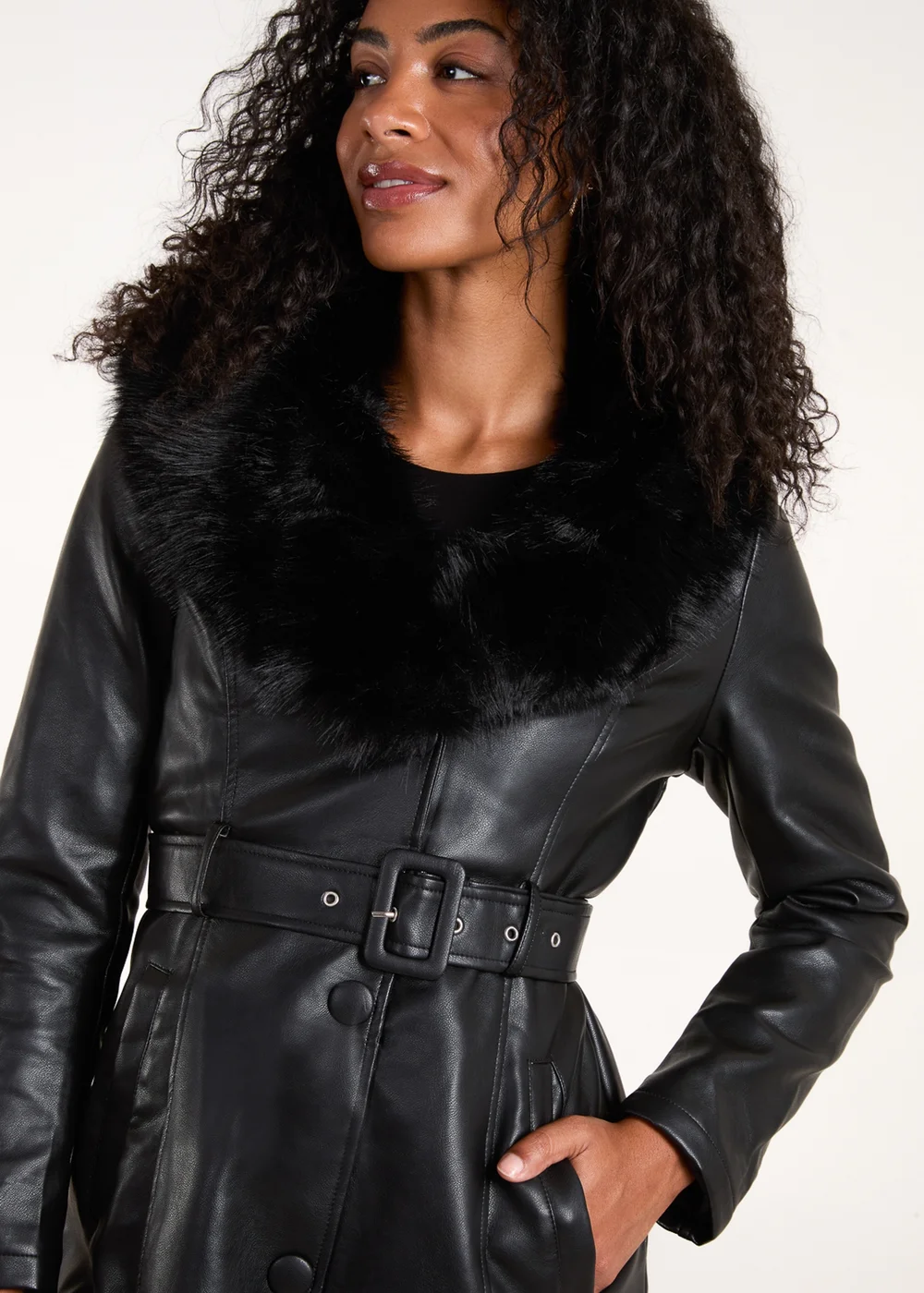 Blue Vanilla Black Faux Fur Longline Coat - Size 8 Image 3