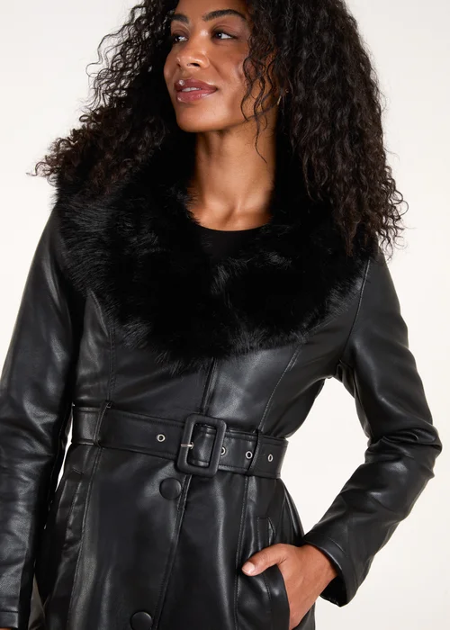 Blue Vanilla Black Faux Fur Longline Coat - Size 8 Image 3