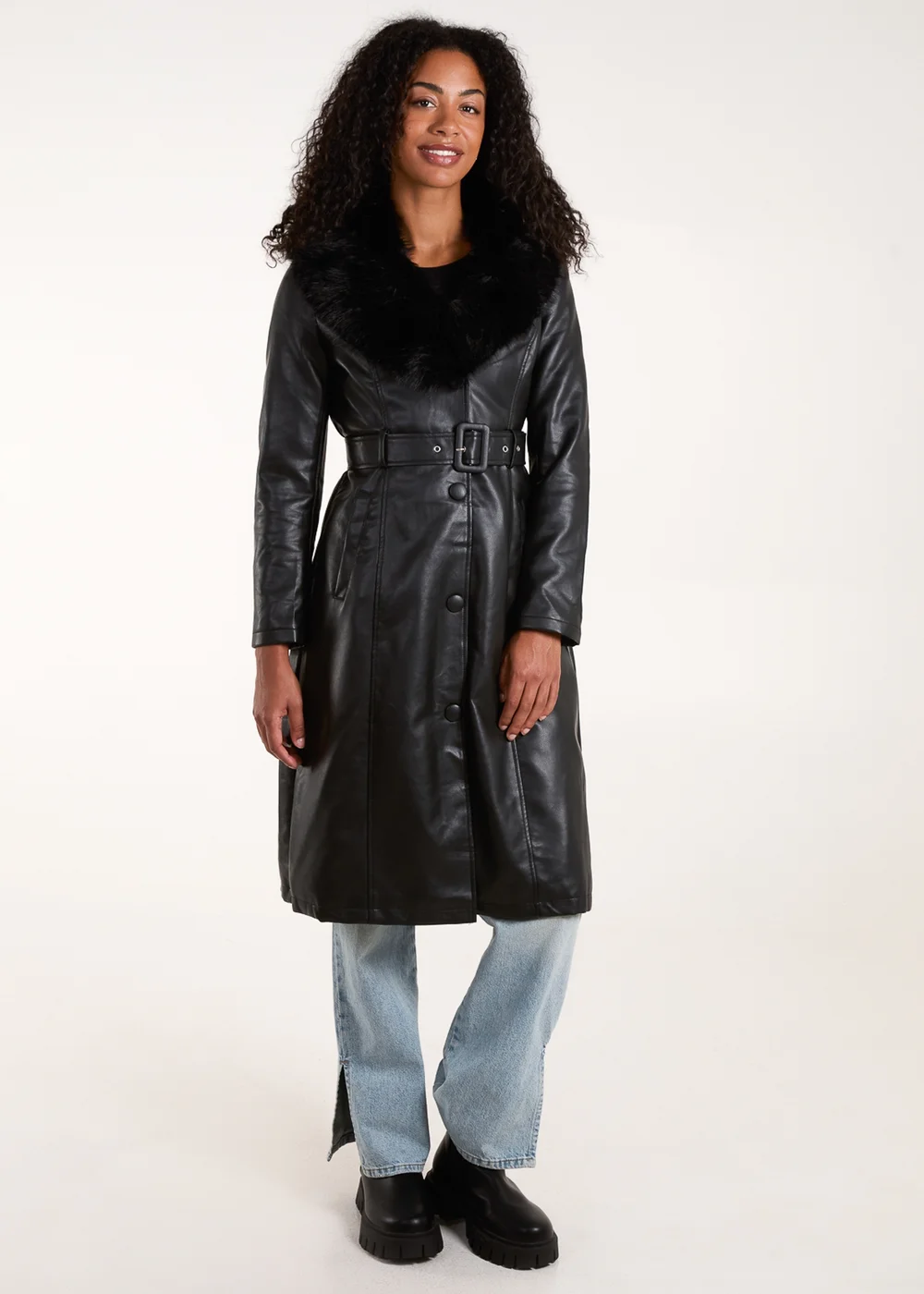 Blue Vanilla Black Faux Fur Longline Coat - Size 8 Image 1