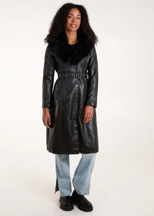 Blue Vanilla Black Faux Fur Longline Coat - Size 8 Image 1
