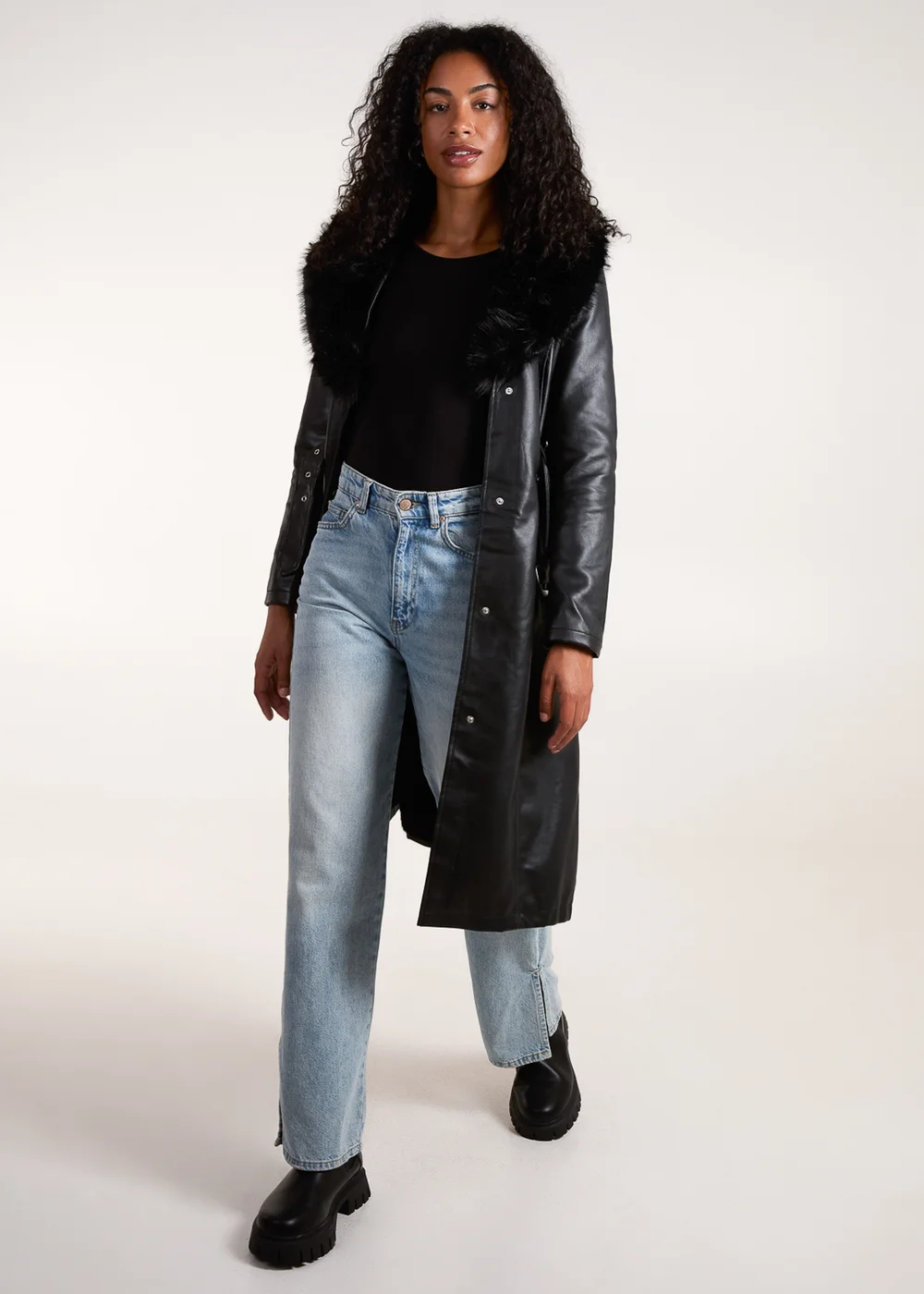 Blue Vanilla Black Faux Fur Longline Coat - Size 8 Image 4