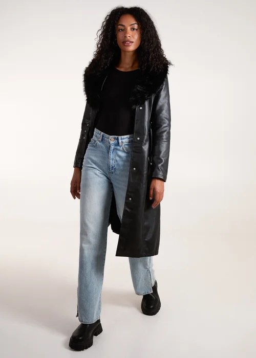 Blue Vanilla Black Faux Fur Longline Coat - Size 8 Image 4