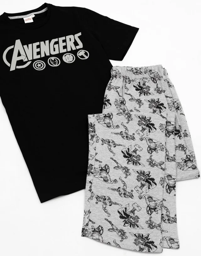 Vanilla Underground Marvel Mens Black Logo Short Sleeve Long Leg Pyjama Set