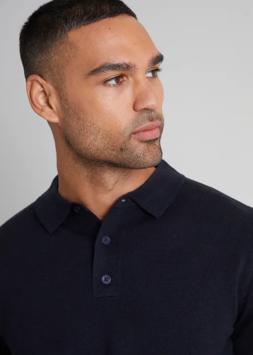 Threadbare Navy Long Sleeve Knitted Polo Jumper - S Image 3