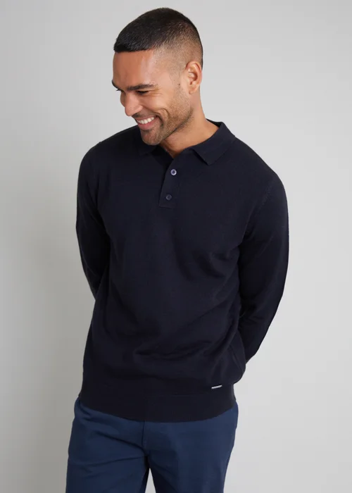 Threadbare Navy Long Sleeve Knitted Polo Jumper - S Image 1