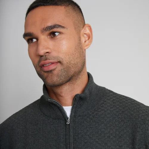 Threadbare Charcoal Basket Stitch Detail Knitted Quarter Zip Jumper - Medium Image 3