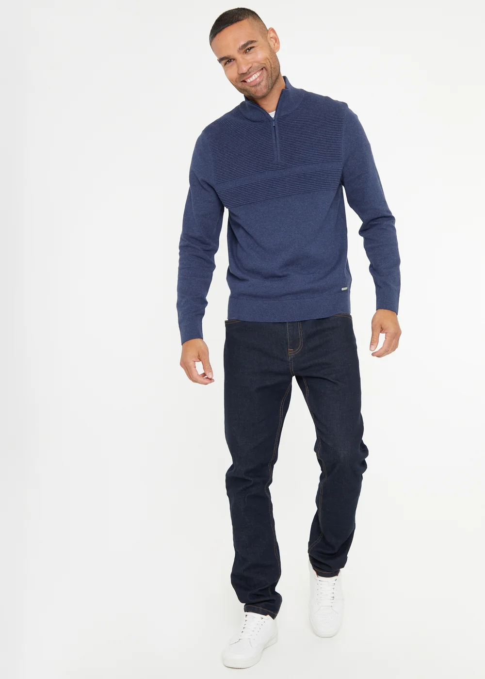 Threadbare Blue Rib Detail Crew Neck Knitted Quarter Zip Jumper - 2XL Image 4