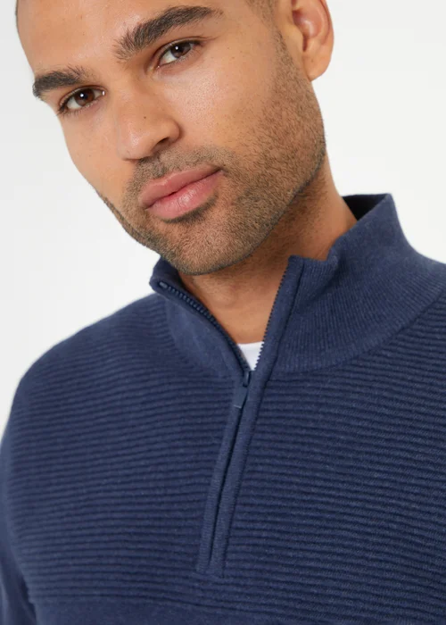 Threadbare Blue Rib Detail Crew Neck Knitted Quarter Zip Jumper - 2XL Image 3