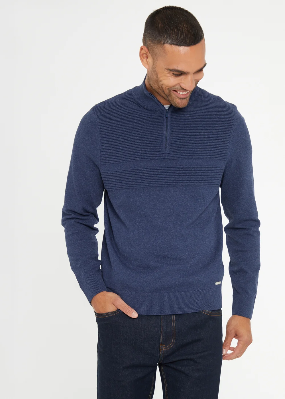 Threadbare Blue Rib Detail Crew Neck Knitted Quarter Zip Jumper - 2XL Image 1