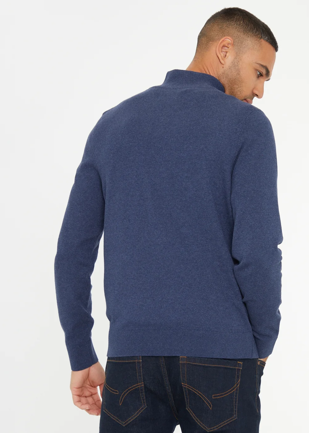 Threadbare Blue Rib Detail Crew Neck Knitted Quarter Zip Jumper - 2XL Image 2
