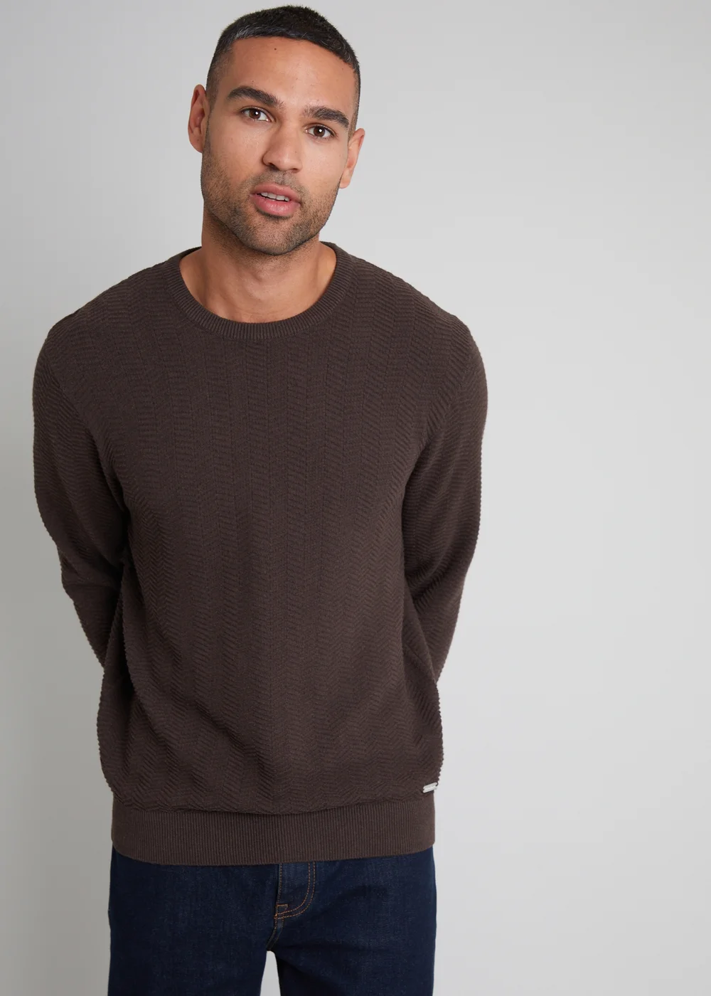 Threadbare Brown Textured Knitted Crew Neck Jumper - S Image 1