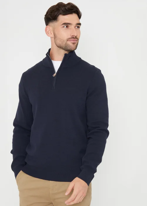 Threadbare Navy Cotton Blend Knitted Quarter Zip Jumper - S Image 1