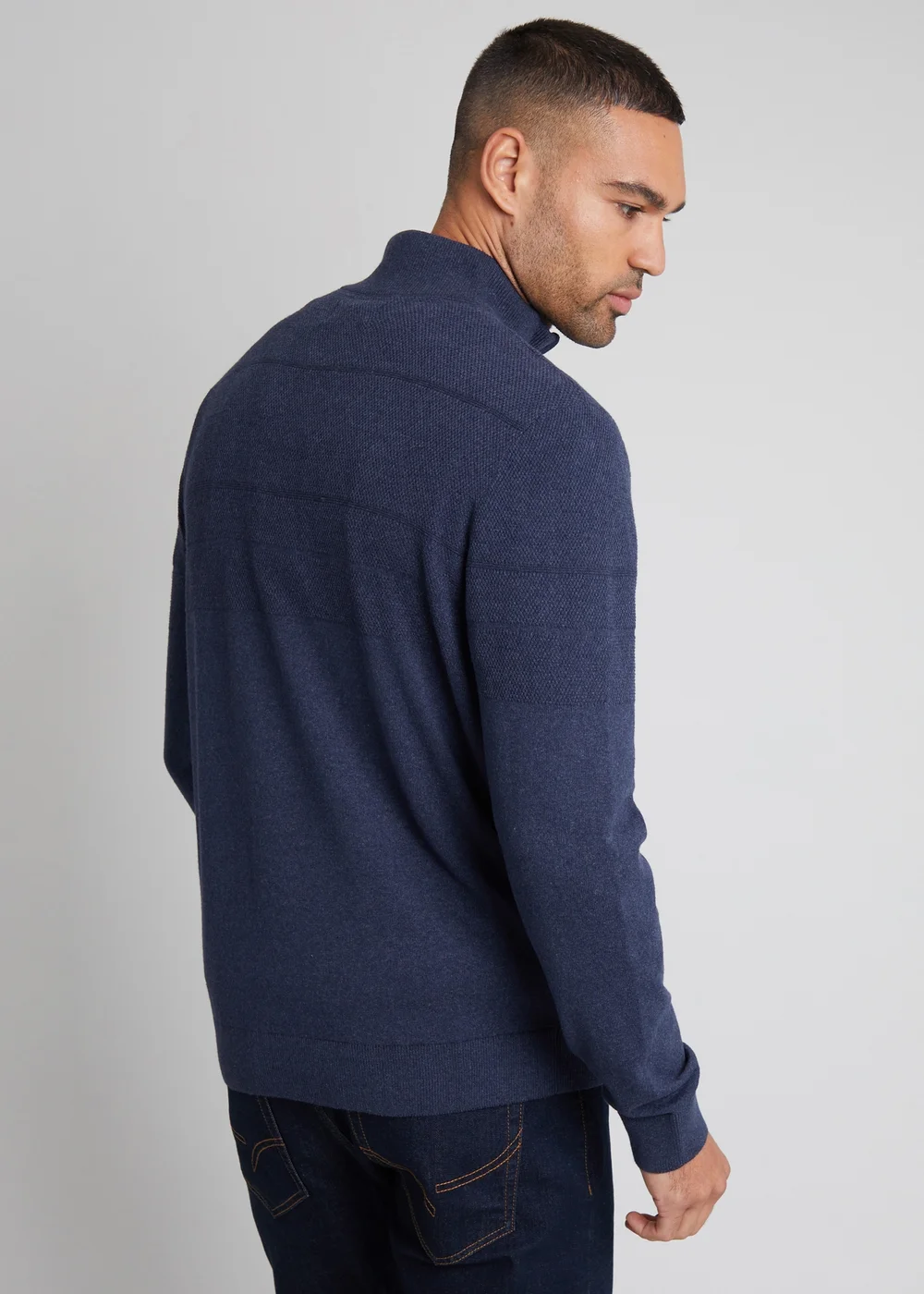 Threadbare Navy Textured Stripe Detail Quarter Zip Jumper - S Image 2
