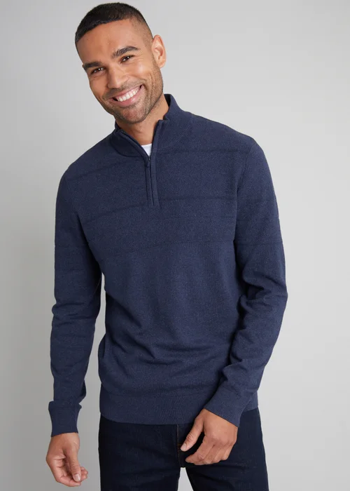 Threadbare Navy Textured Stripe Detail Quarter Zip Jumper - S Image 1