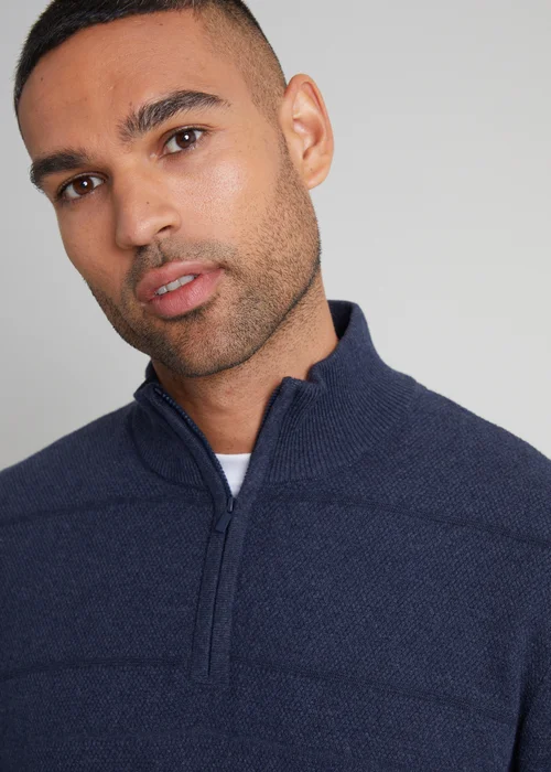 Threadbare Navy Textured Stripe Detail Quarter Zip Jumper - S Image 3