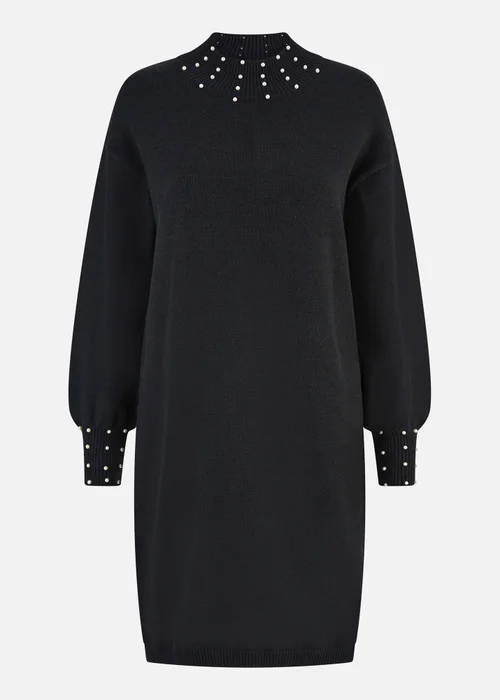 Mela Black Pearl Detail Knitted Relaxed Jumper Dress - S Image 3