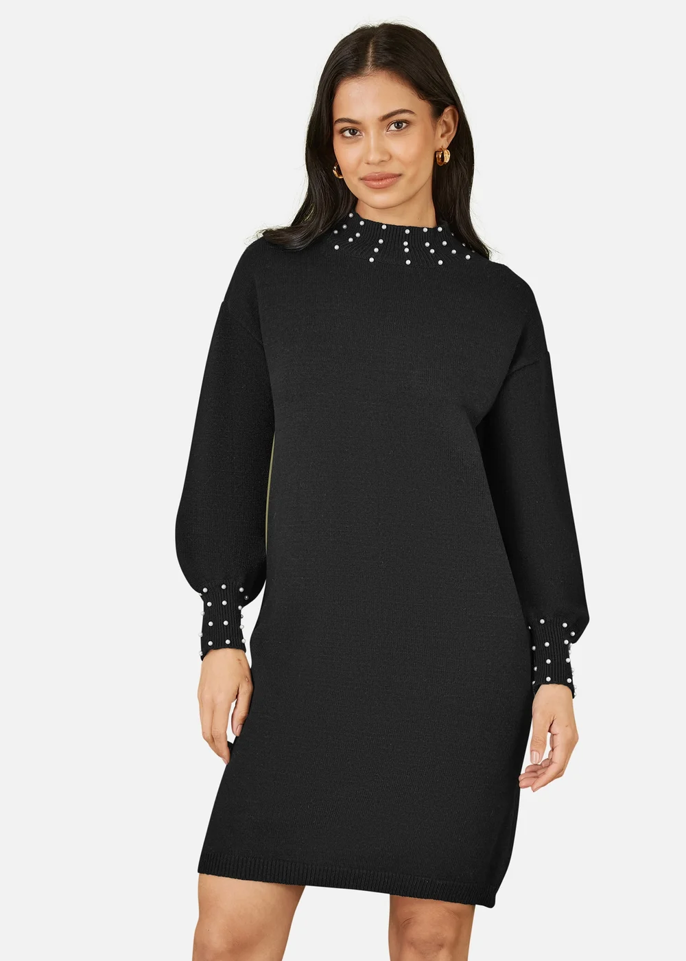 Mela Black Pearl Detail Knitted Relaxed Jumper Dress - S Image 2