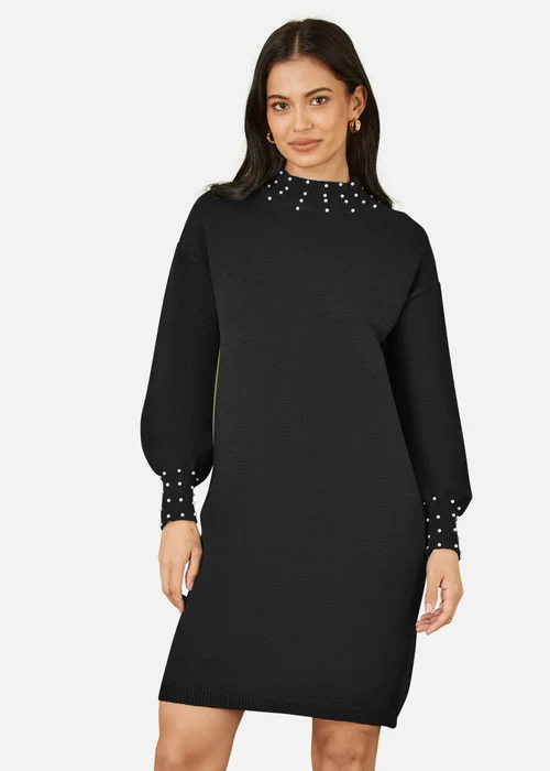 Mela Black Pearl Detail Knitted Relaxed Jumper Dress - S Image 2