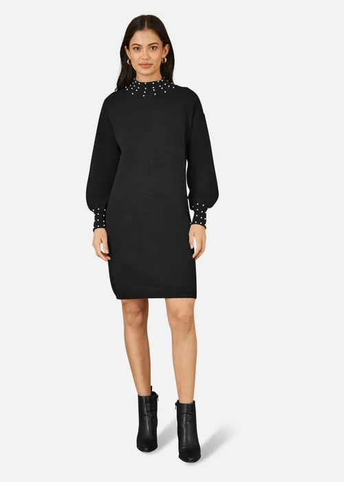 Mela Black Pearl Detail Knitted Relaxed Jumper Dress - S Image 1