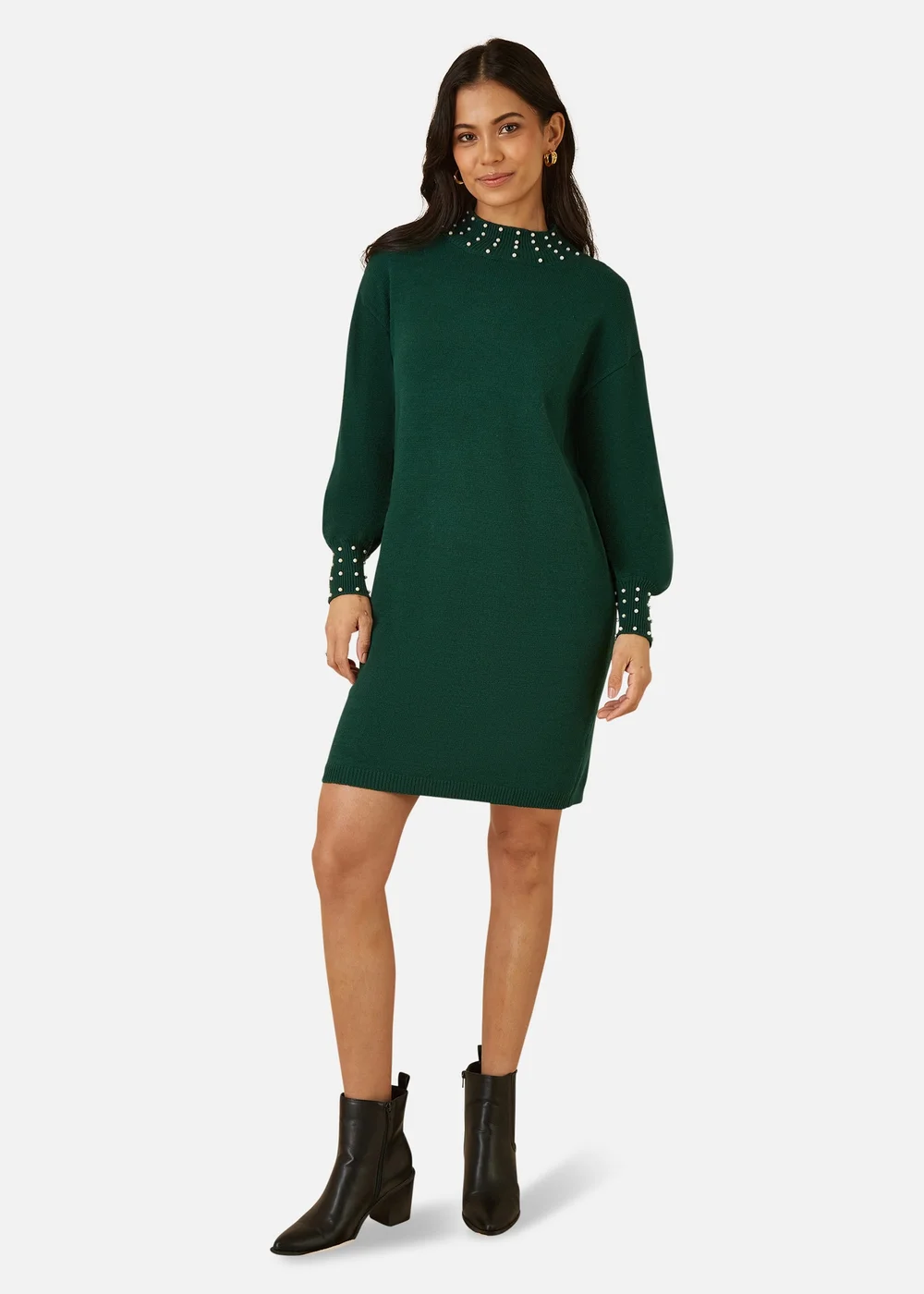 Mela Green Pearl Detail Knitted Relaxed Jumper Dress - M | Matalan Mela Green Pearl Detail Knitted Relaxed Jumper Dress - M | Matalan