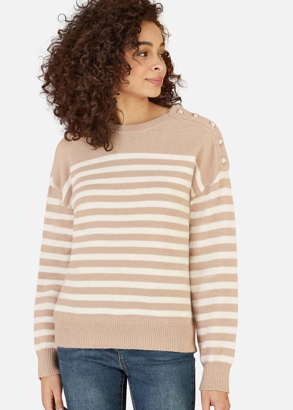 Yumi Beige Stripe Knitted Relaxed Jumper With Button Details - S/M Image 2