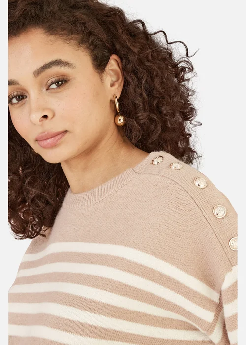 Yumi Beige Stripe Knitted Relaxed Jumper With Button Details - S/M Image 3