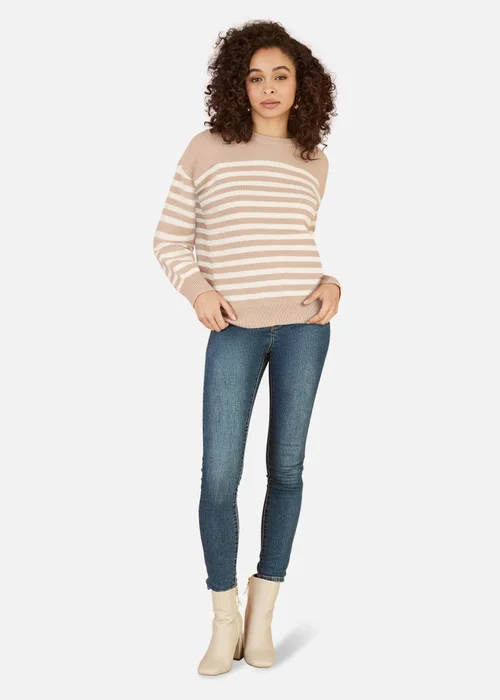 Yumi Beige Stripe Knitted Relaxed Jumper With Button Details - S/M Image 1