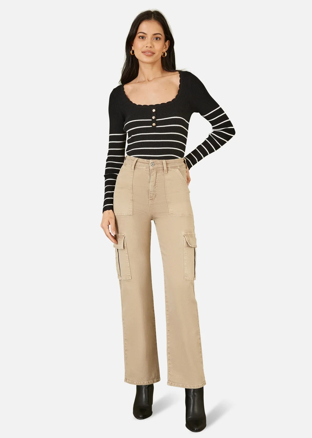 Yumi Black Stripe Rib Knitted Long Sleeve Top With Button Details - S Image 1