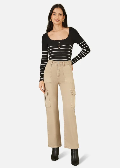 Yumi Black Stripe Rib Knitted Long Sleeve Top With Button Details - S Image 1