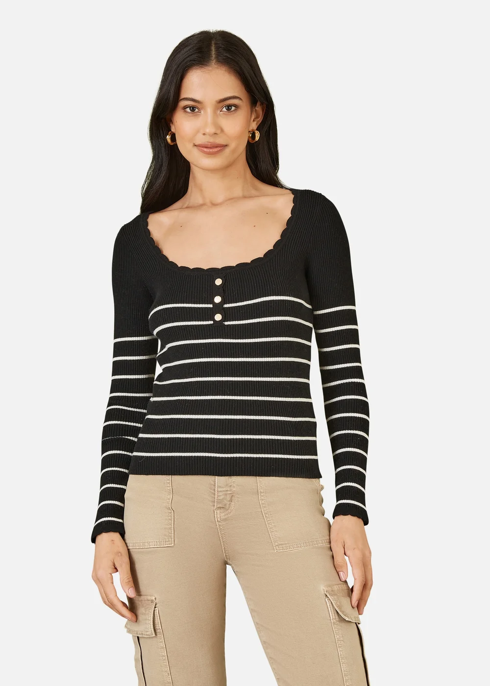 Yumi Black Stripe Rib Knitted Long Sleeve Top With Button Details - S Image 2