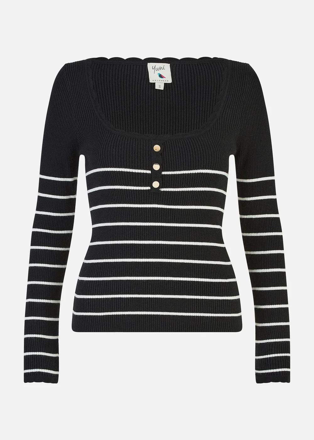 Yumi Black Stripe Rib Knitted Long Sleeve Top With Button Details - S Image 3