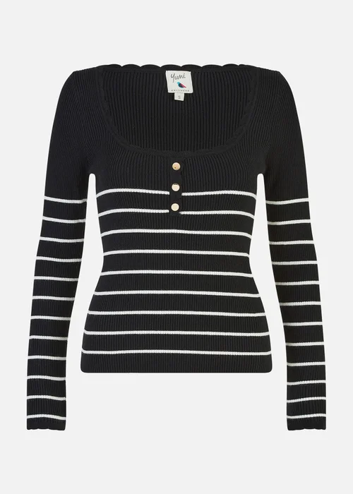 Yumi Black Stripe Rib Knitted Long Sleeve Top With Button Details - S Image 3