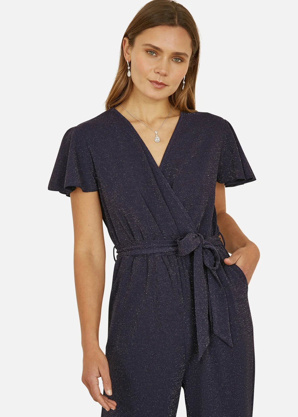 Yumi Navy Sparkle Stretch Wrap Over Jumpsuit - Size 10 Image 2