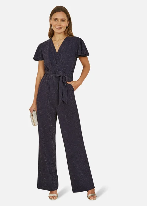 Yumi Navy Sparkle Stretch Wrap Over Jumpsuit - Size 10 Image 1