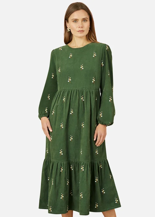 Yumi Green Long Sleeve Midi Dress With Floral Embroidery - 8 Image 2