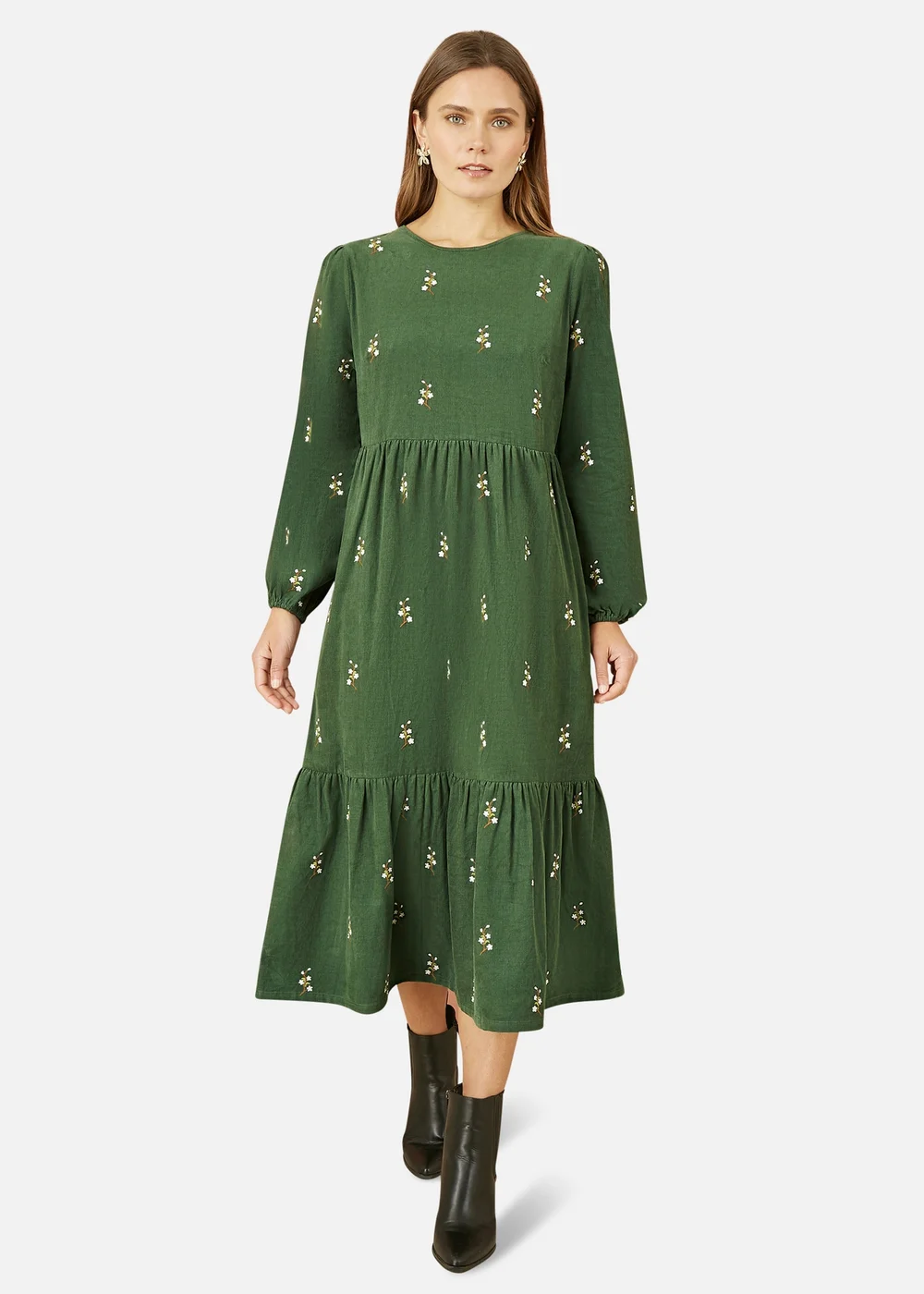 Yumi Green Long Sleeve Midi Dress With Floral Embroidery - 8 Image 1