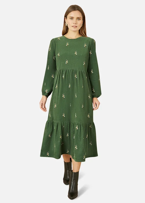 Yumi Green Long Sleeve Midi Dress With Floral Embroidery - 8 Image 1