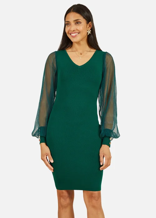 Yumi Green Knitted Body Con Dress With Chiffon Sleeve - S Image 2