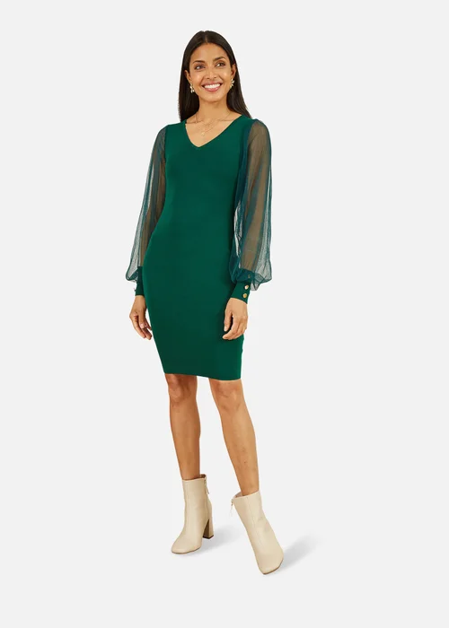 Yumi Green Knitted Body Con Dress With Chiffon Sleeve - S Image 1