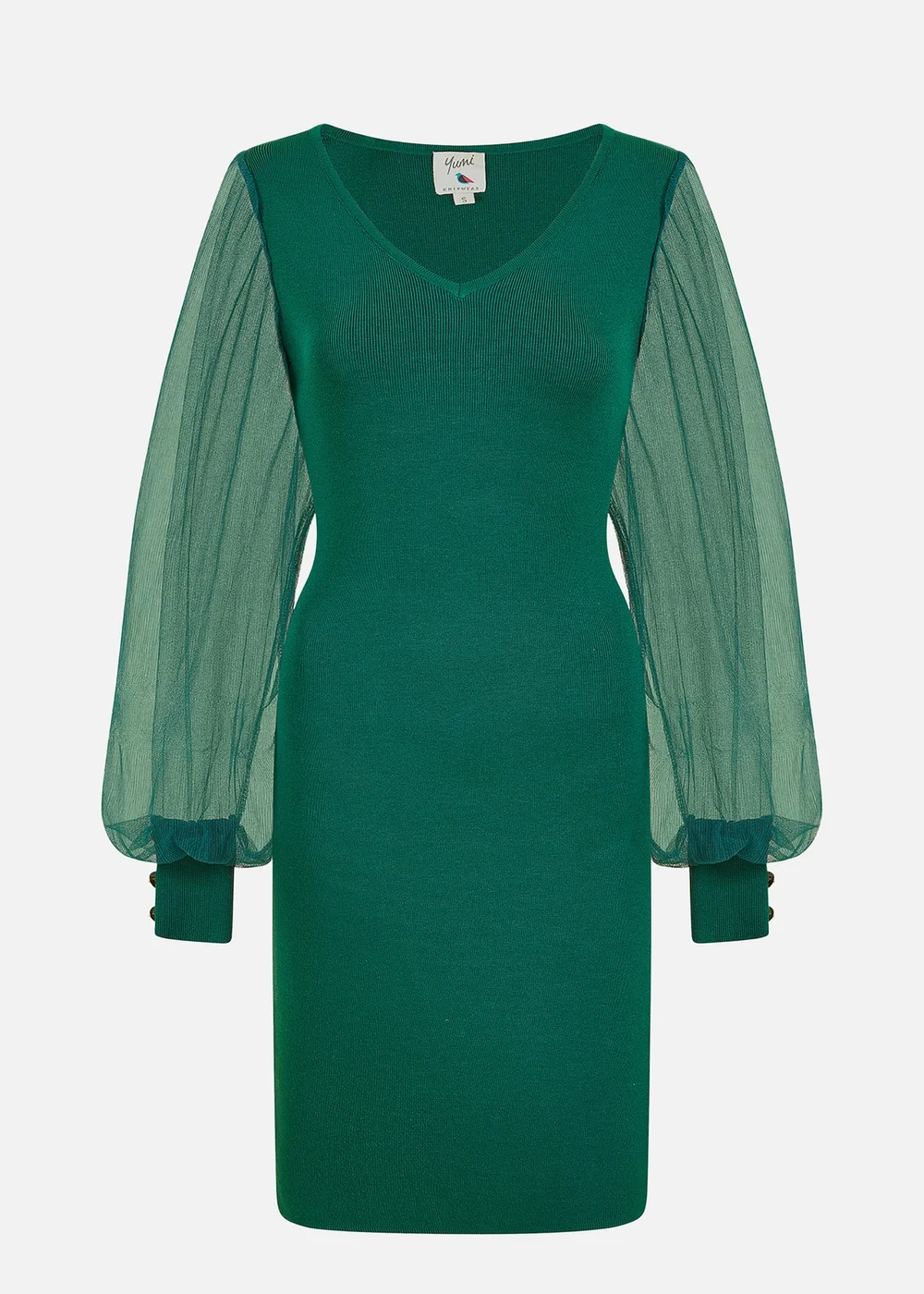 Yumi Green Knitted Body Con Dress With Chiffon Sleeve - S Image 3