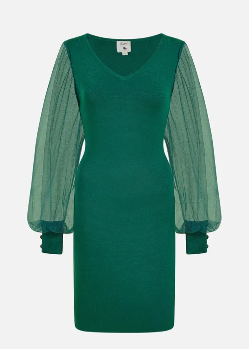 Yumi Green Knitted Body Con Dress With Chiffon Sleeve - S Image 3